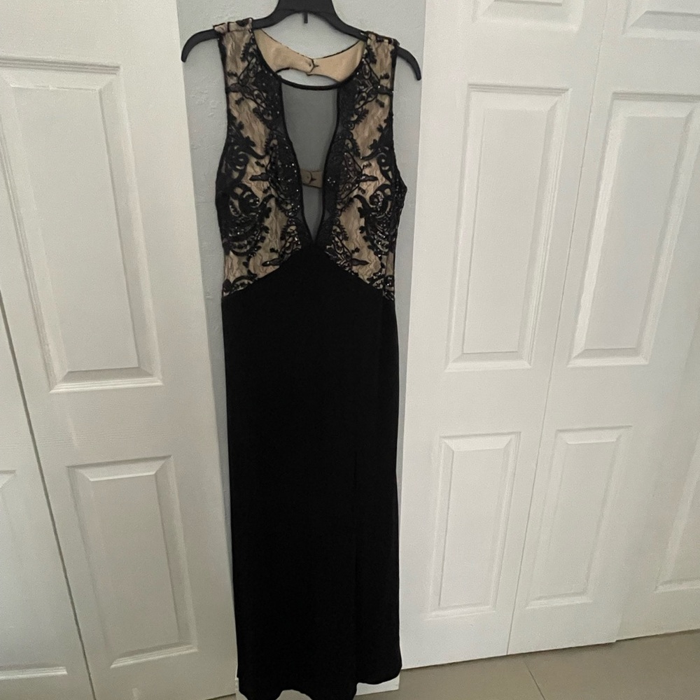 Elegant Black and Beige Lace Gown